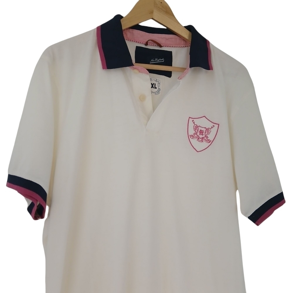 New England White Polo Shirt Unisex Navy Pink Embroidered Logo Cotton Unisex